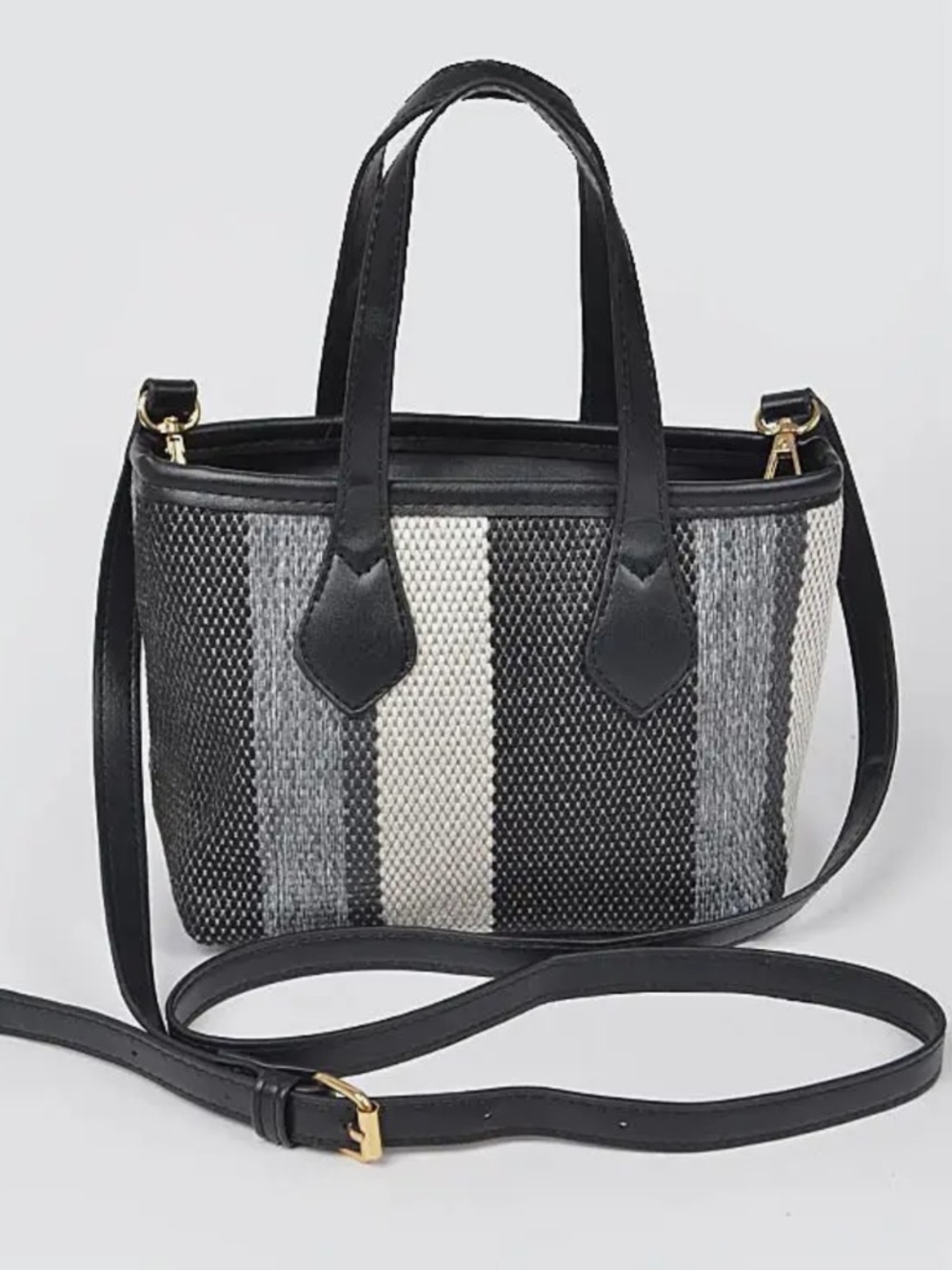 ShopEvelynne Black & Gray Striped Woven Shoulder Bag